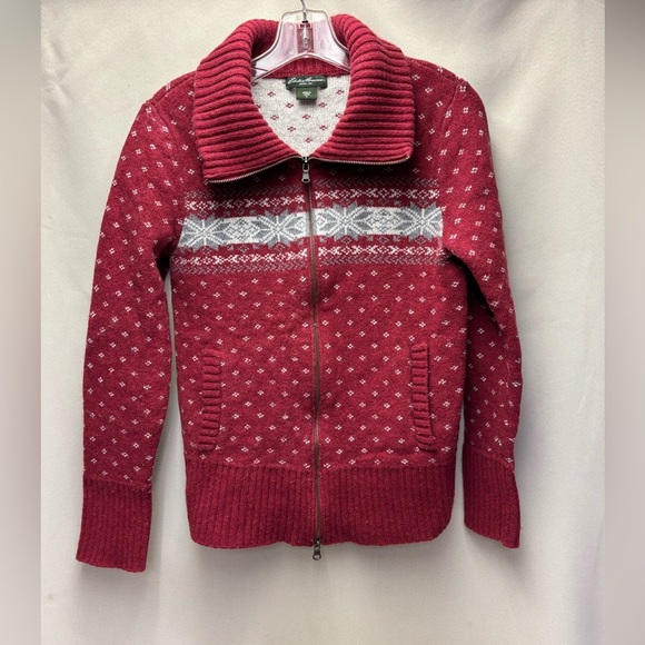 Eddie Bauer Vintage Women’s Red Fair Isle Full Zip Cardigan Sweater Size Medium - Picture 1 of 7